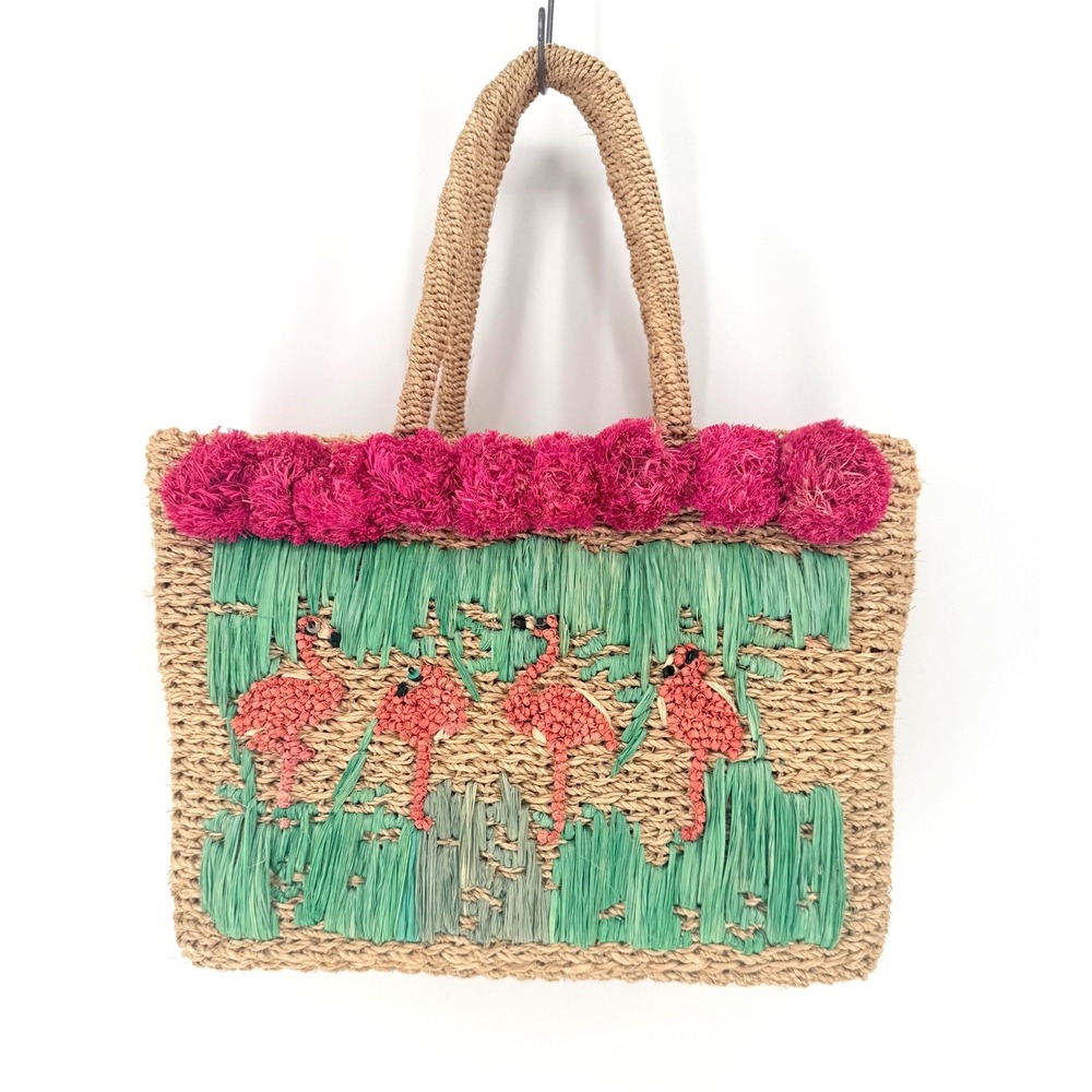 Serpui Tote Bag Flamingo Pom Pom Straw Woven Tan Pink Tropical Beach Resort